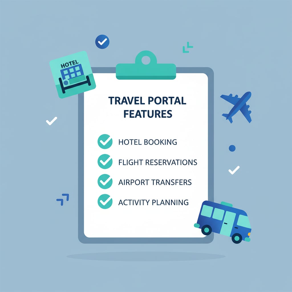 Checklist of essential B2B travel portal features including real-time availability and transparent pricing