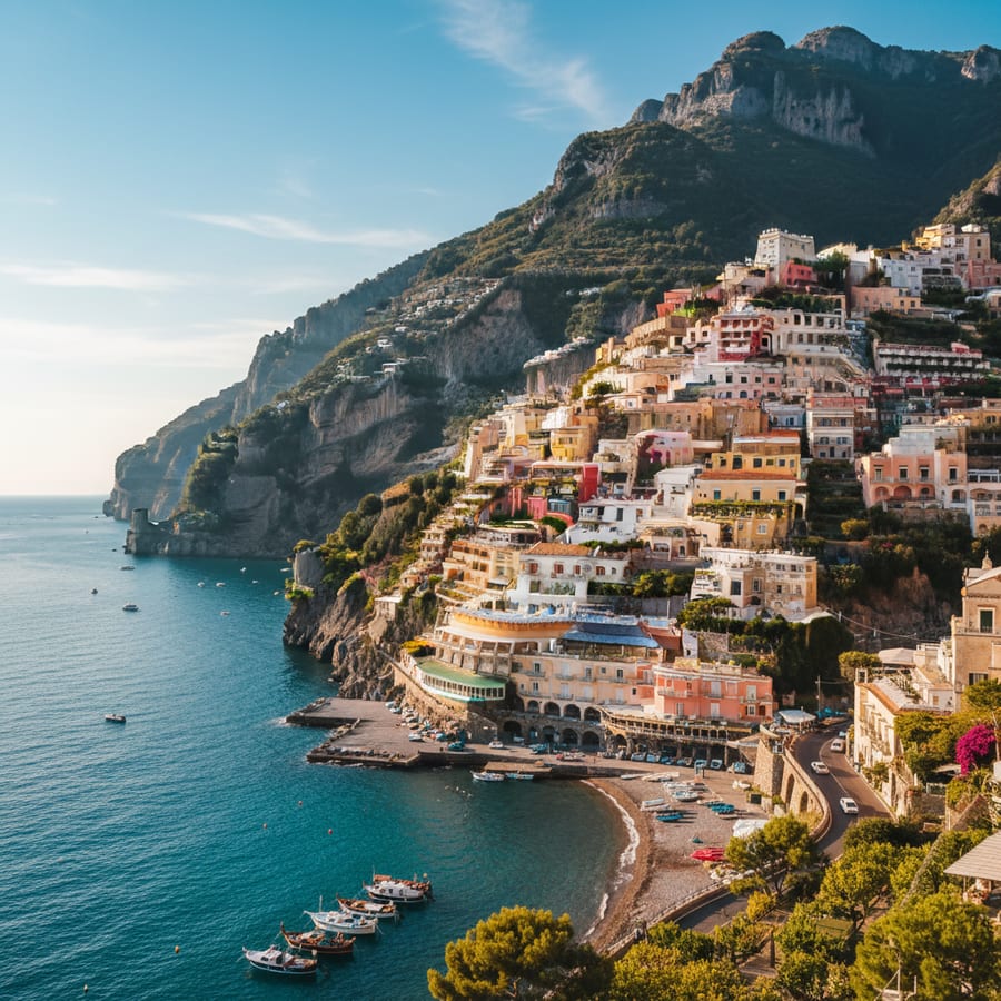 Amalfi Coast Italy colorful pastel houses built into steep cliffside above Mediterranean Sea