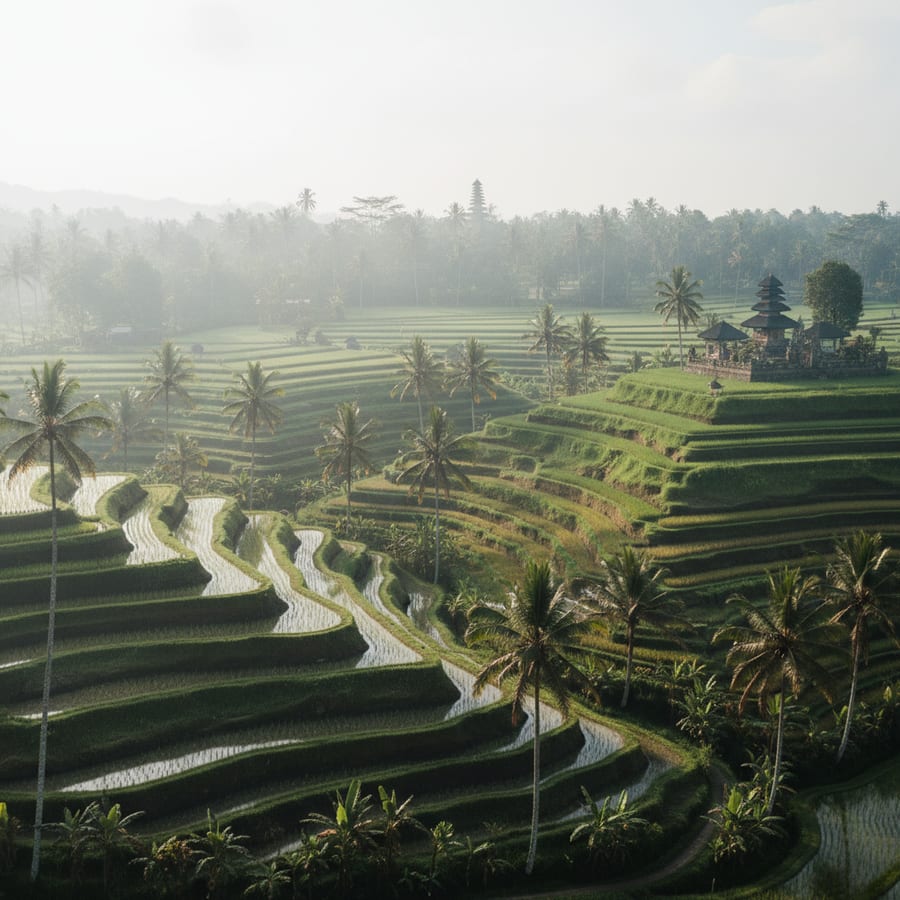Bali Indonesia Tegallalang terraced rice paddies with coconut palm trees and misty tropical morning
