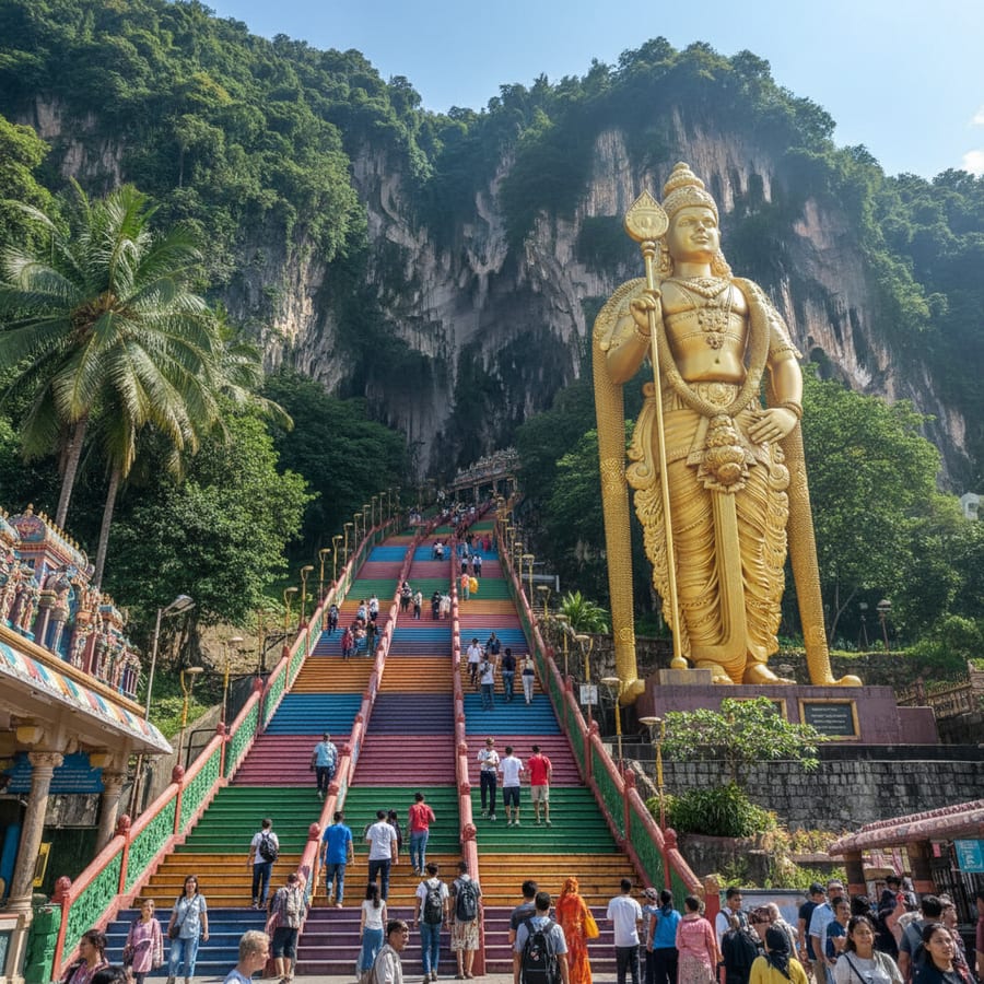 Batu Caves 272 rainbow-colored steps leading to limestone cave entrance with Lord Murugan statue in Kuala Lumpur
