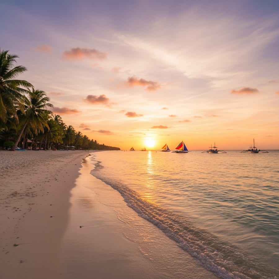 Boracay Philippines pristine White Beach with crystal clear turquoise water, palm trees, and colorful sailboats