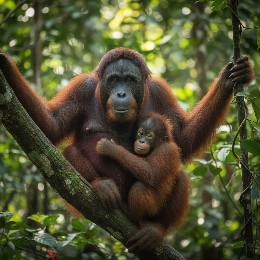 Borneo orangutan mother and baby in Sepilok rainforest habitat, Sabah Malaysia wildlife encounter