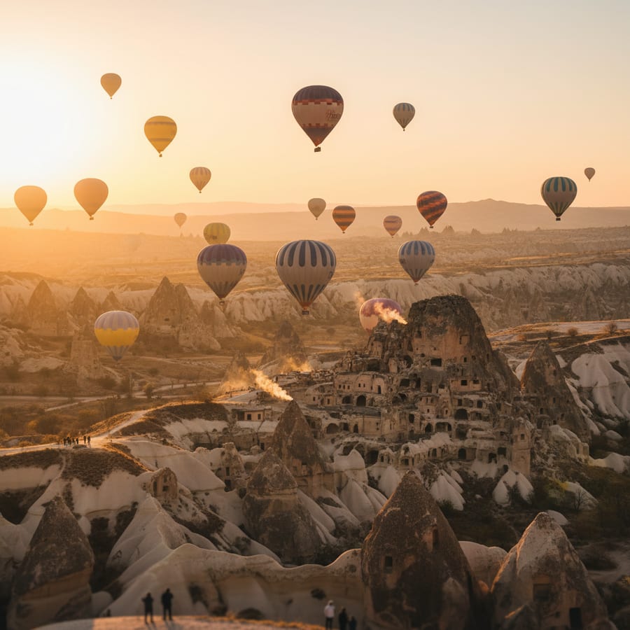 Cappadocia Turkey sunrise with colorful hot air balloons floating above fairy chimney rock formations