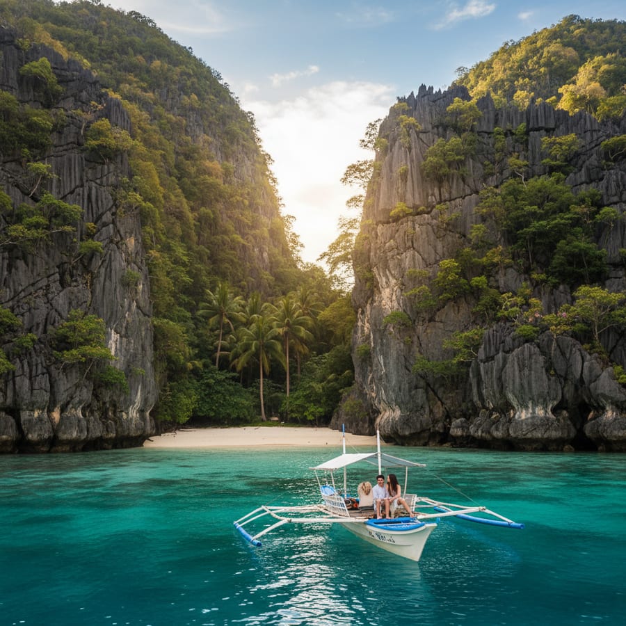 El Nido Palawan Philippines crystal clear turquoise lagoon with limestone cliffs and traditional bangka boat