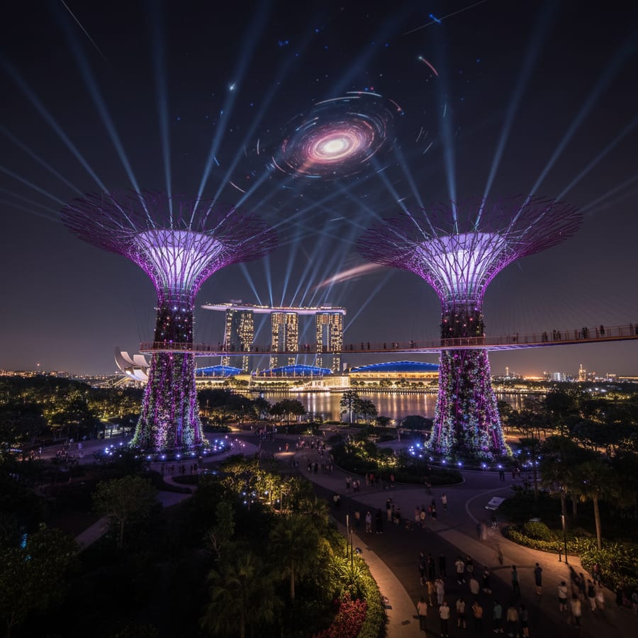 Gardens by the Bay Supertree Grove illuminated at night with Marina Bay Sands in background, Singapore