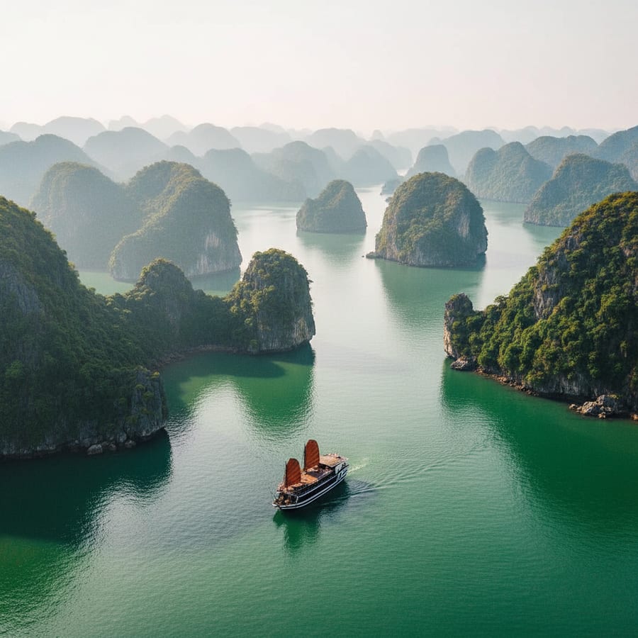 Ha Long Bay Vietnam emerald waters with towering limestone karst islands and traditional junk boat sailing