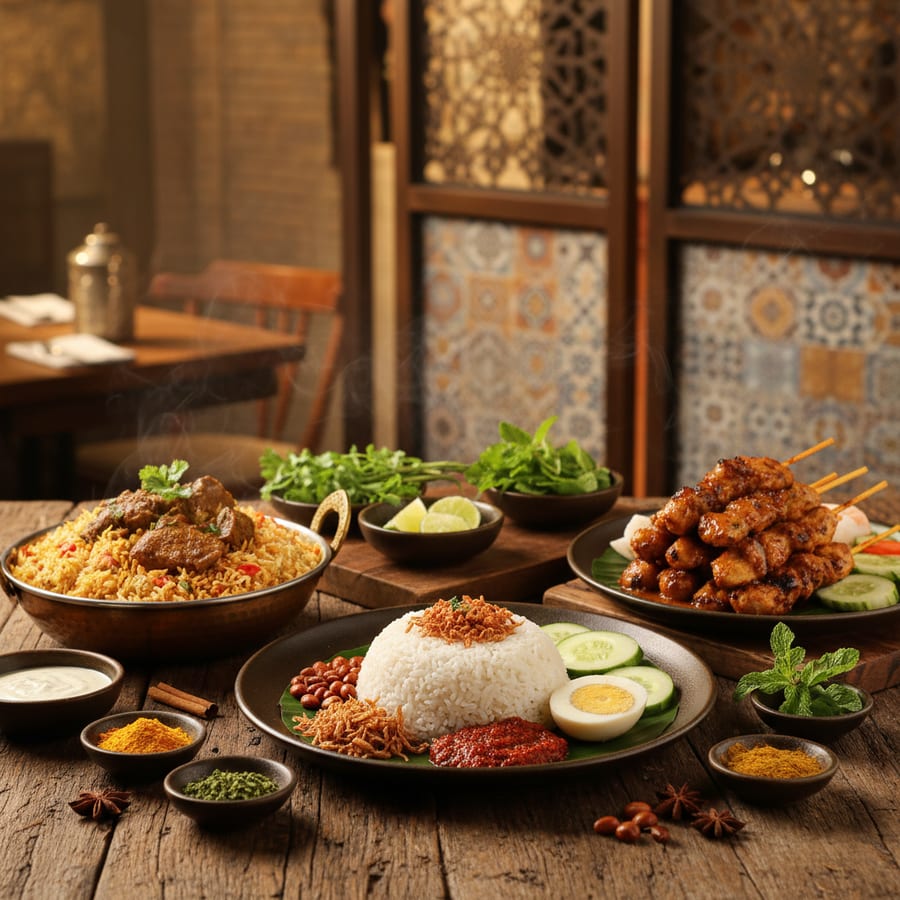 Halal food spread in Southeast Asia featuring Malaysian nasi lemak, Indonesian satay, and Singapore biryani