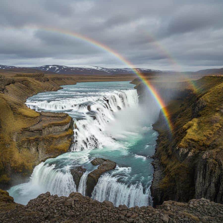 Iceland Gullfoss waterfall cascading into deep canyon with rainbow in mist on the Golden Circle route