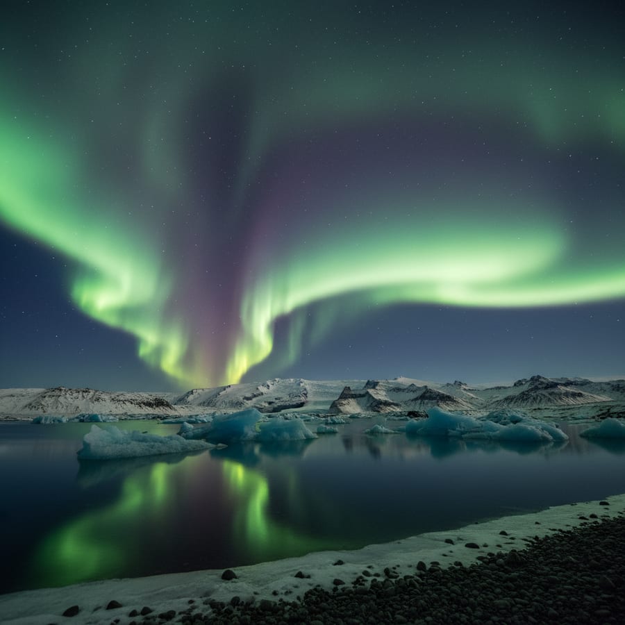 Iceland Northern Lights aurora borealis green and purple lights dancing over glacial lagoon with icebergs
