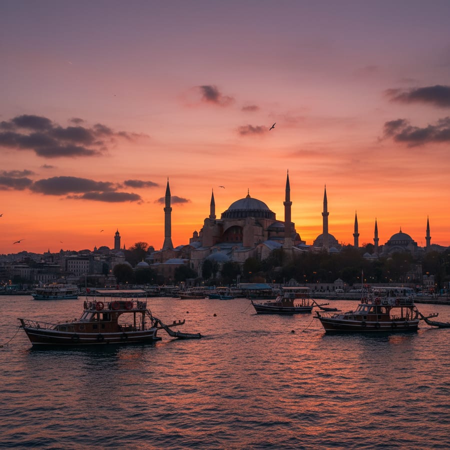 Istanbul Turkey Hagia Sophia and Blue Mosque silhouette at sunset from Bosphorus with fishing boats