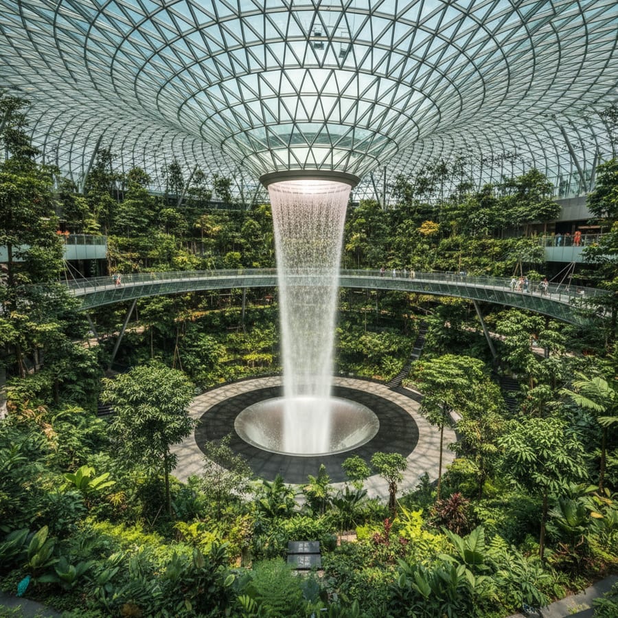 Jewel Changi Airport Rain Vortex indoor waterfall cascading from glass dome surrounded by lush indoor forest garden