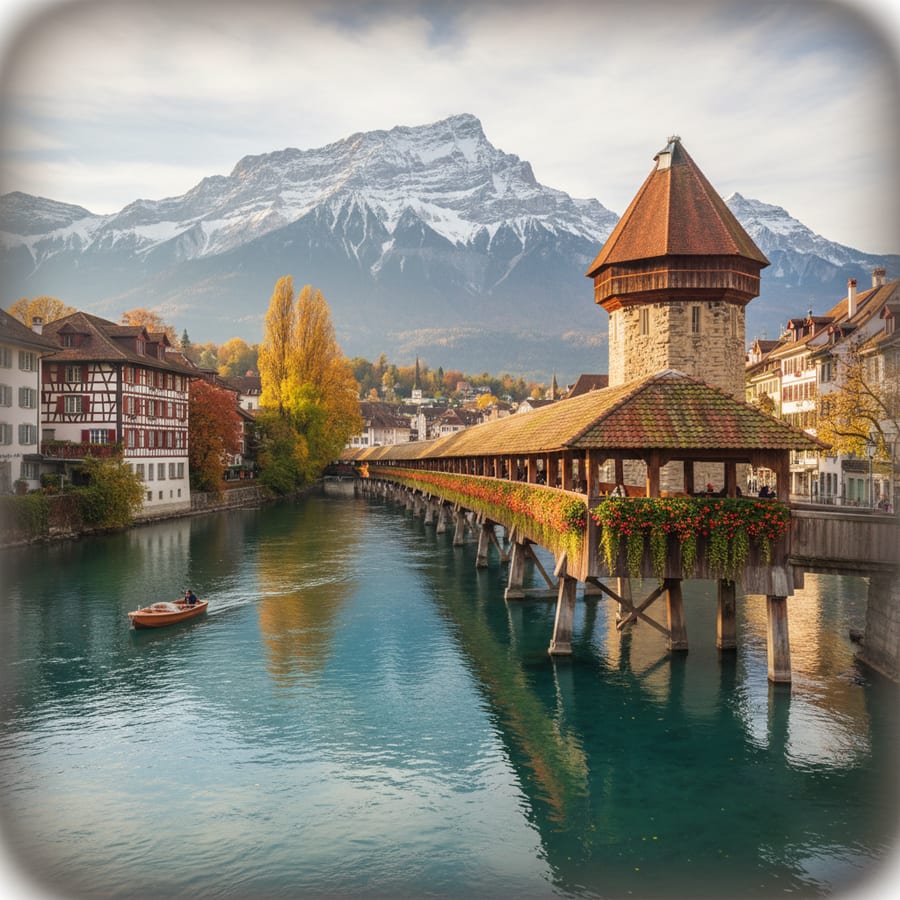 Lucerne Switzerland medieval Chapel Bridge over Reuss River with Mount Pilatus in background