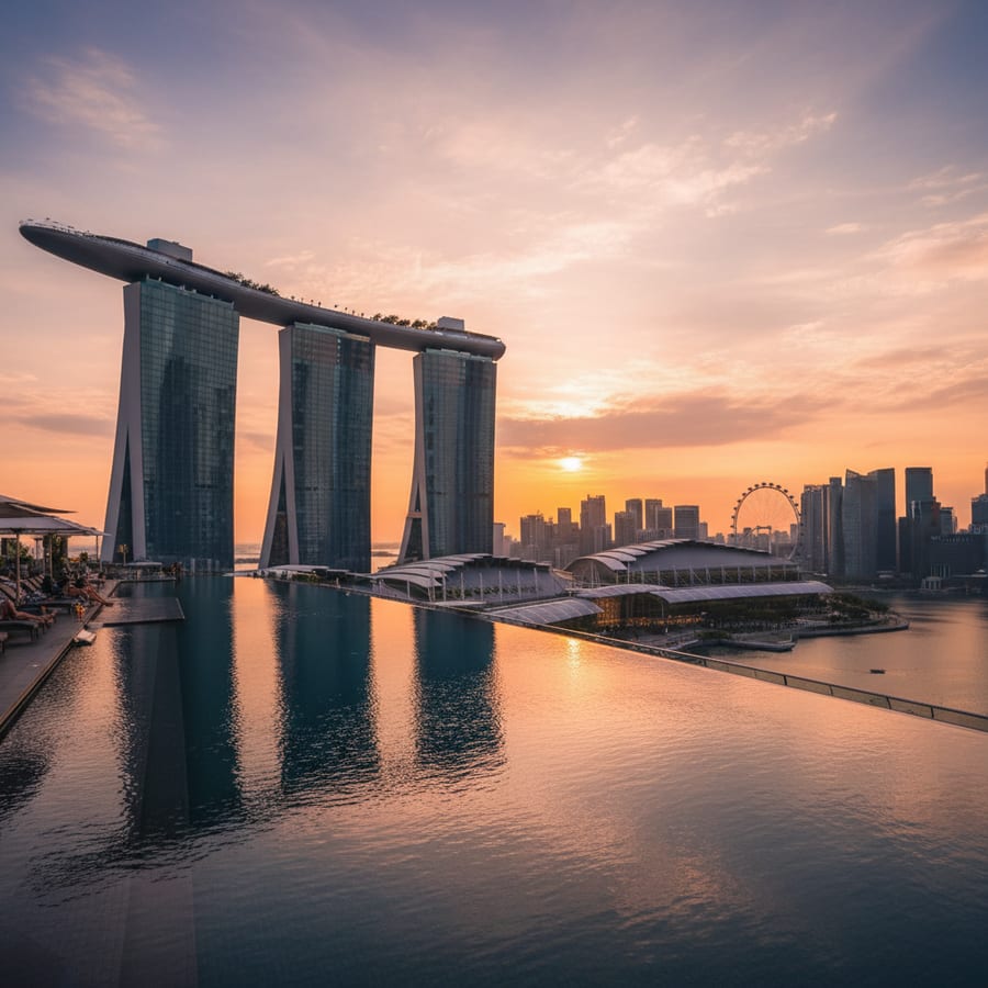 Marina Bay Sands SkyPark infinity pool at sunset with Singapore skyline panorama