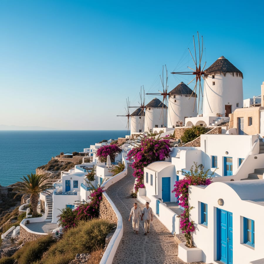 Mykonos Greece iconic windmills overlooking Aegean Sea with whitewashed buildings and bougainvillea