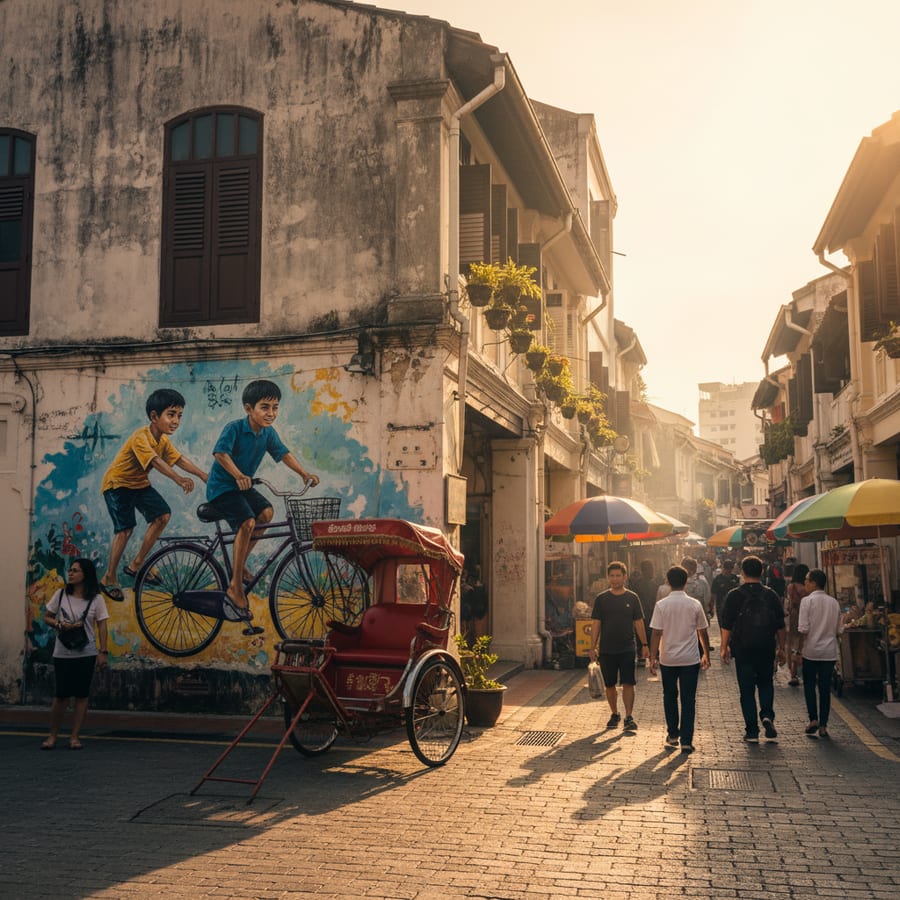 Georgetown Penang street art mural on heritage building with colonial architecture and rickshaw