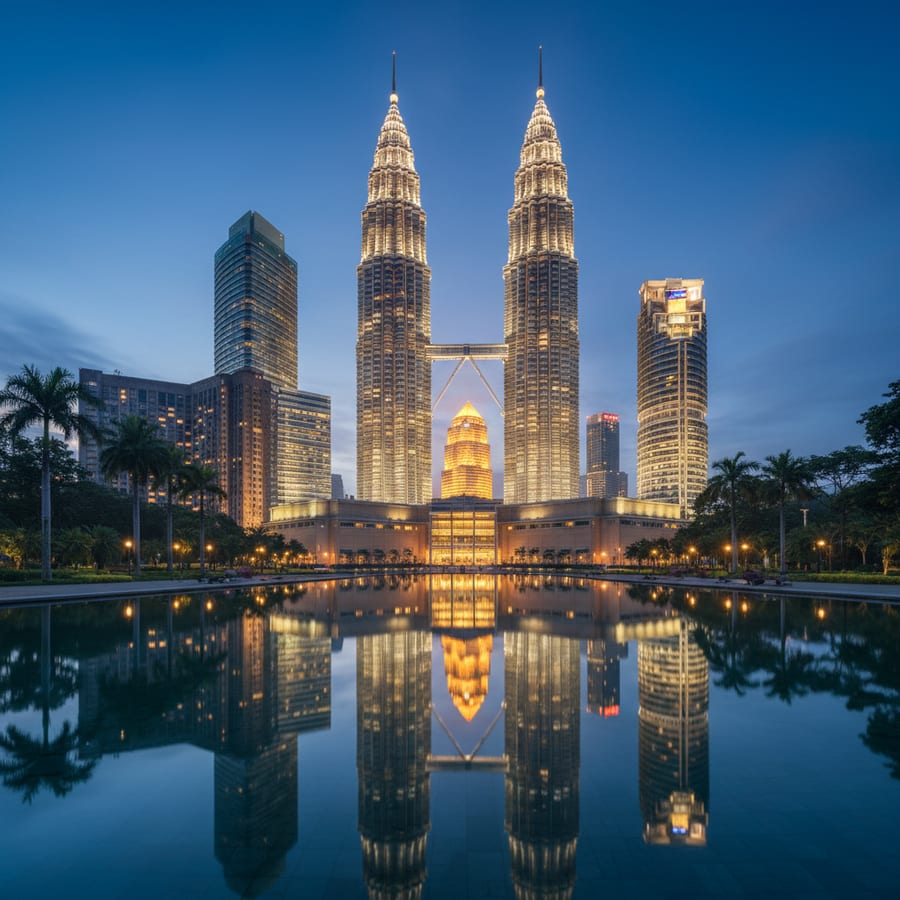 Petronas Twin Towers Kuala Lumpur illuminated at twilight with KLCC park fountain reflection