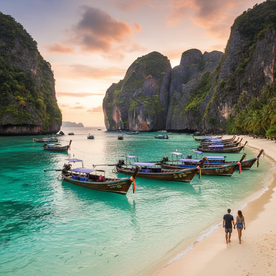 Phuket Thailand Phi Phi Island turquoise waters with traditional longtail boats and limestone cliffs