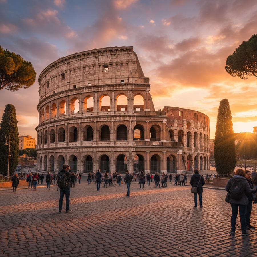 Rome Colosseum at golden hour with ancient amphitheater glowing in warm sunset light, Italy