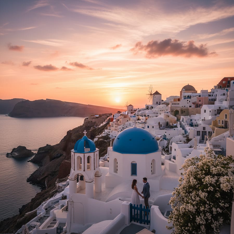 Santorini Greece blue-domed church with white-washed buildings cascading down caldera cliff at sunset