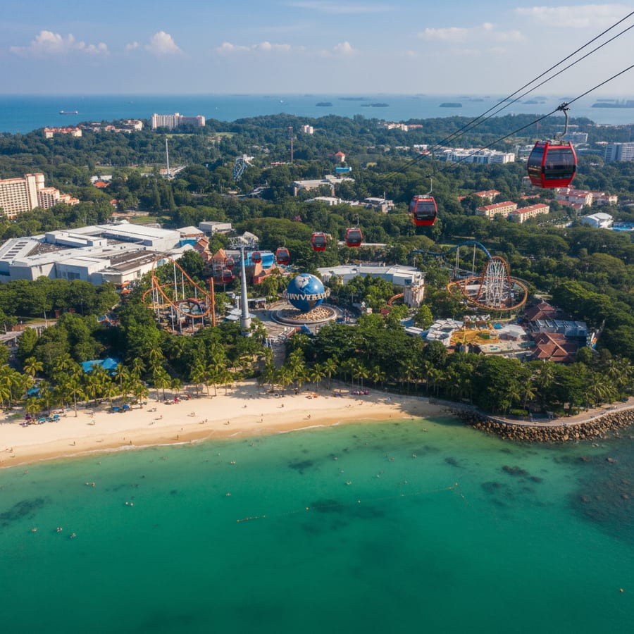 Sentosa Island Singapore aerial view showing tropical beaches, Universal Studios, and cable car