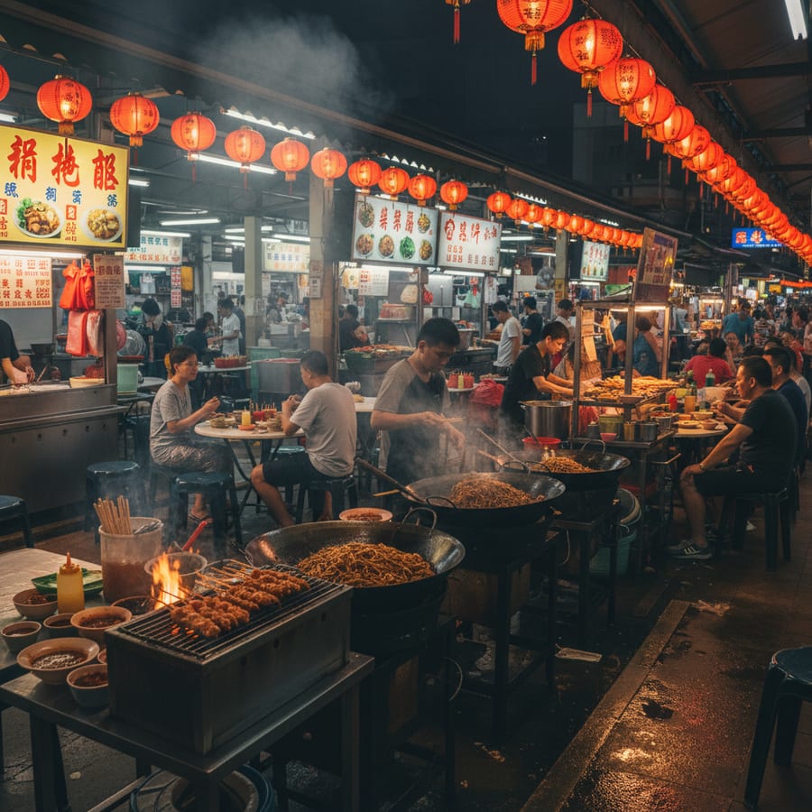 Singapore hawker center bustling night market with steaming woks of char kway teow and satay skewers