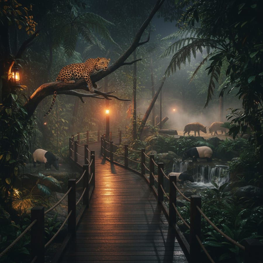 Singapore Night Safari nocturnal zoo walkway with amber lighting and tropical jungle atmosphere