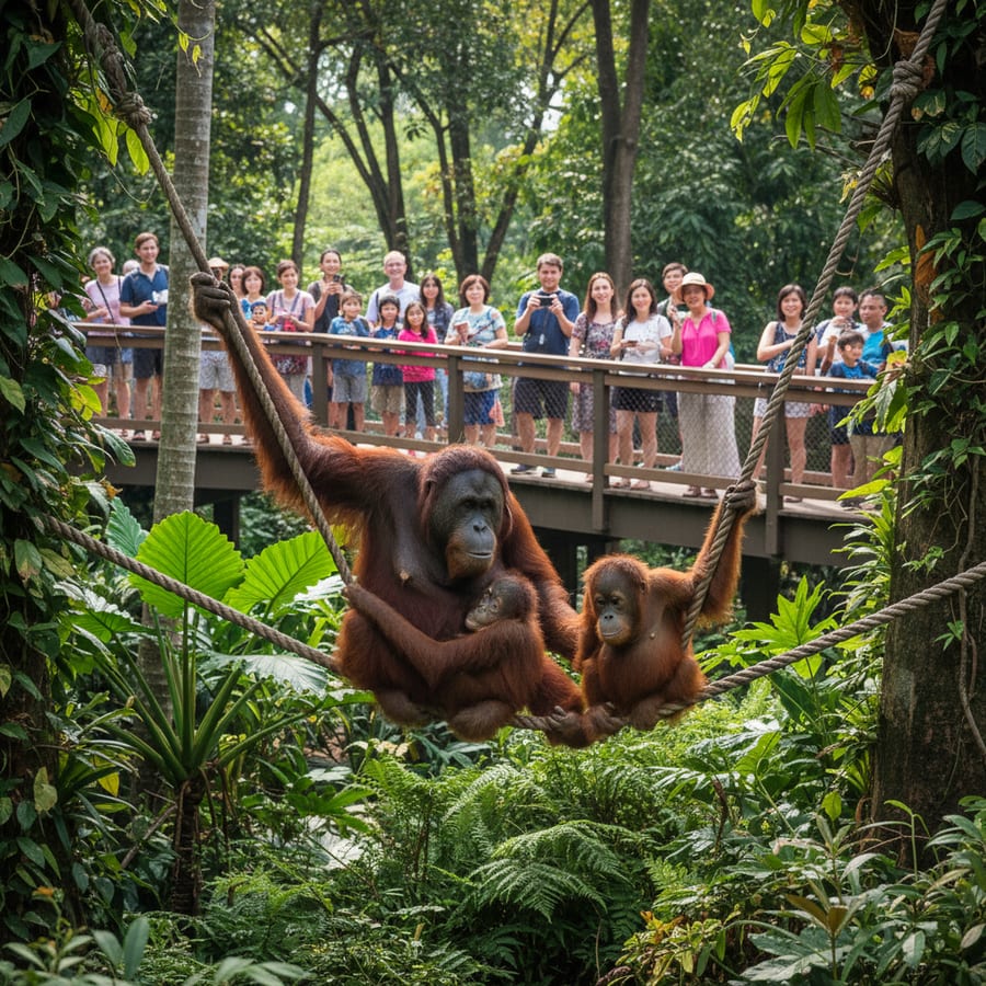 Singapore Zoo orangutan family in naturalistic open-air habitat with tropical vegetation and wooden walkway