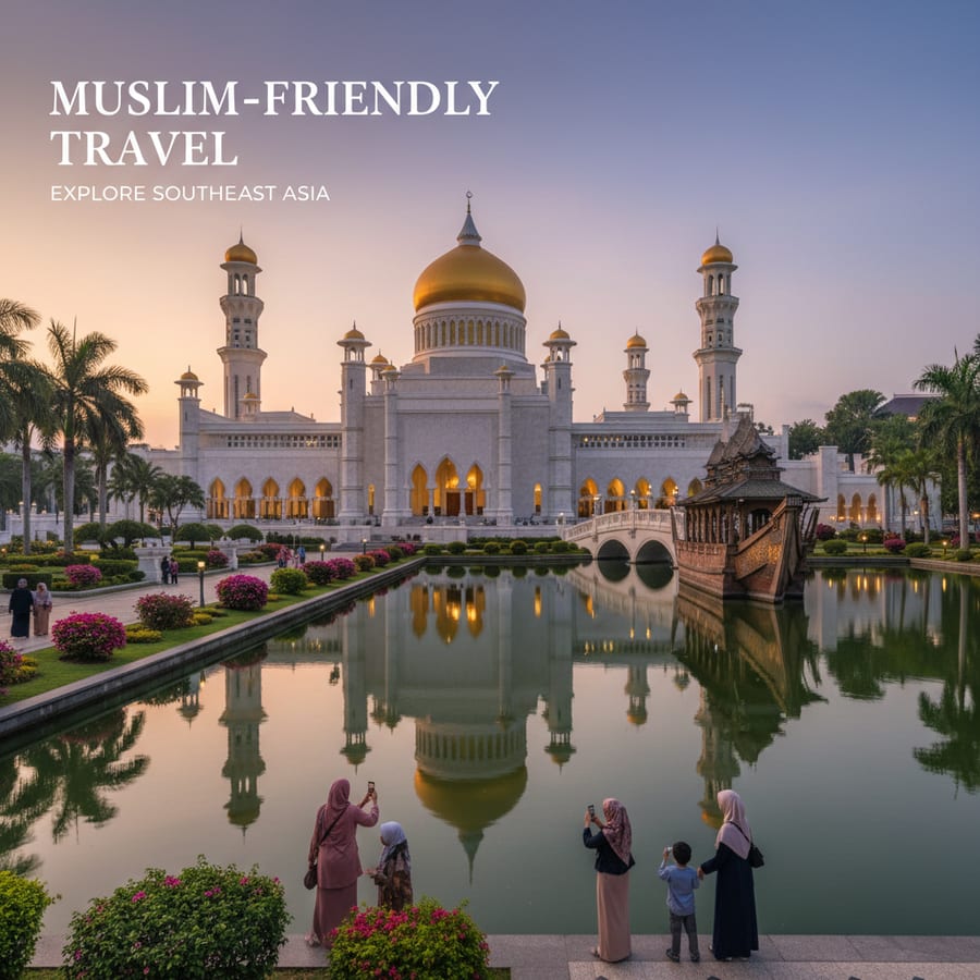 Beautiful mosque with golden dome and minarets in Southeast Asia with reflecting pool and tropical gardens