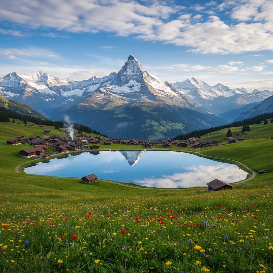 Swiss Alps panorama with snow-capped Jungfrau mountain, green alpine meadows, chalet village, and crystal clear mountain lake