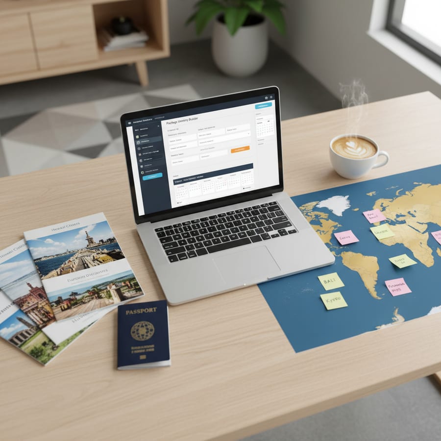 Travel agent workspace with laptop showing package itinerary builder dashboard, brochures, and passport