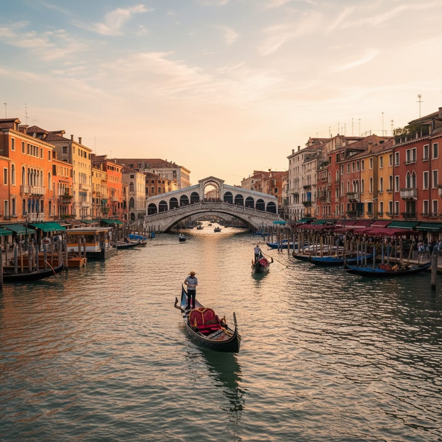 Venice Grand Canal with traditional gondola navigating between colorful historic buildings with Rialto Bridge