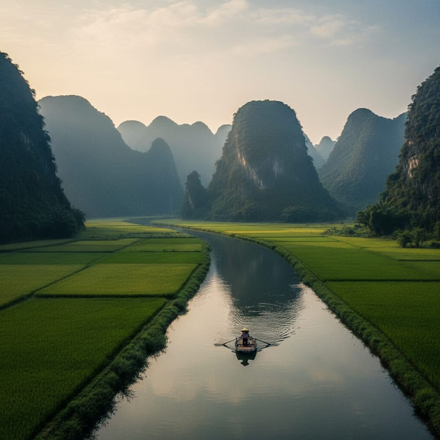 Ninh Binh Vietnam dramatic karst limestone mountains rising from emerald green rice paddies with traditional sampan boat