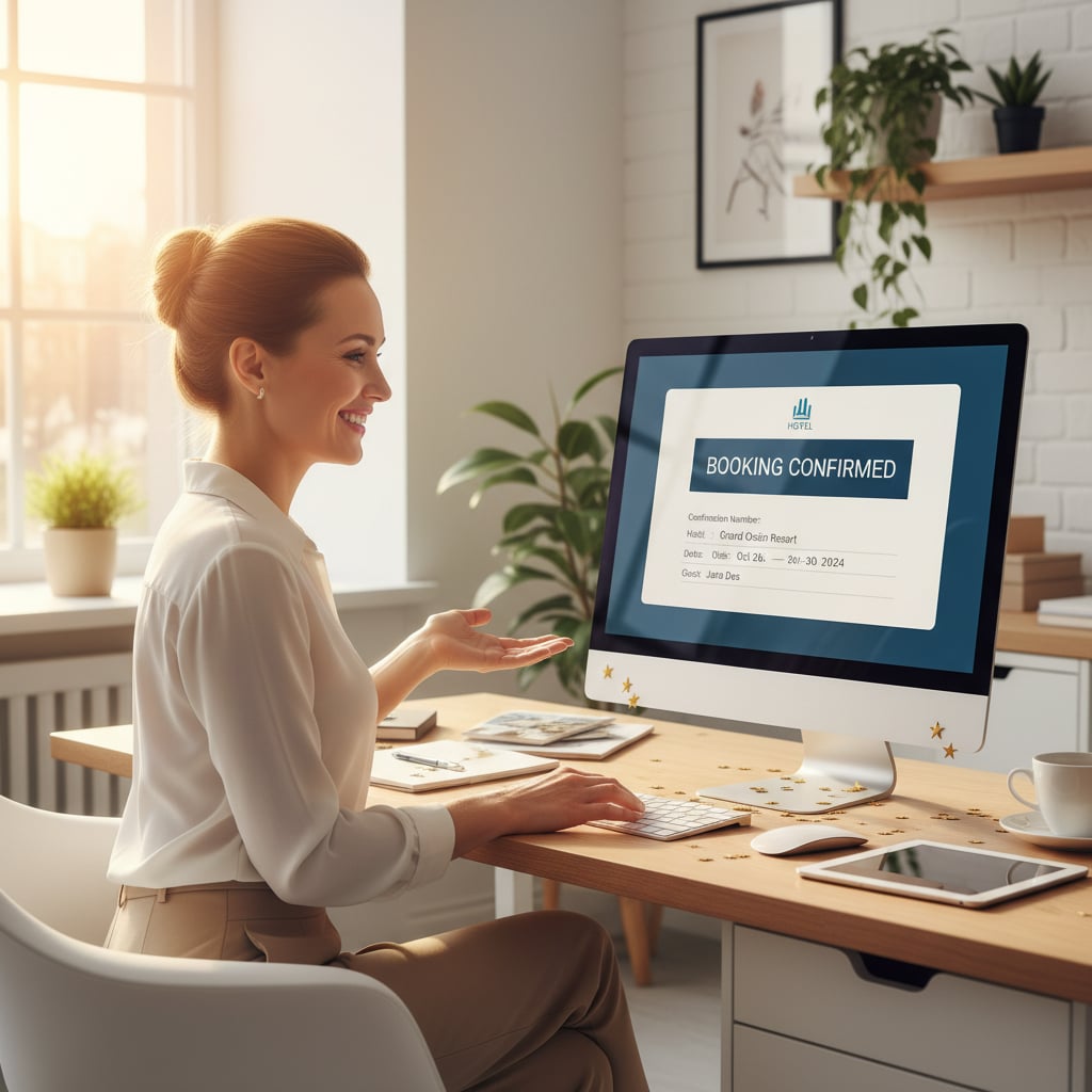 Travel agent successfully completing a hotel booking through B2B travel portal