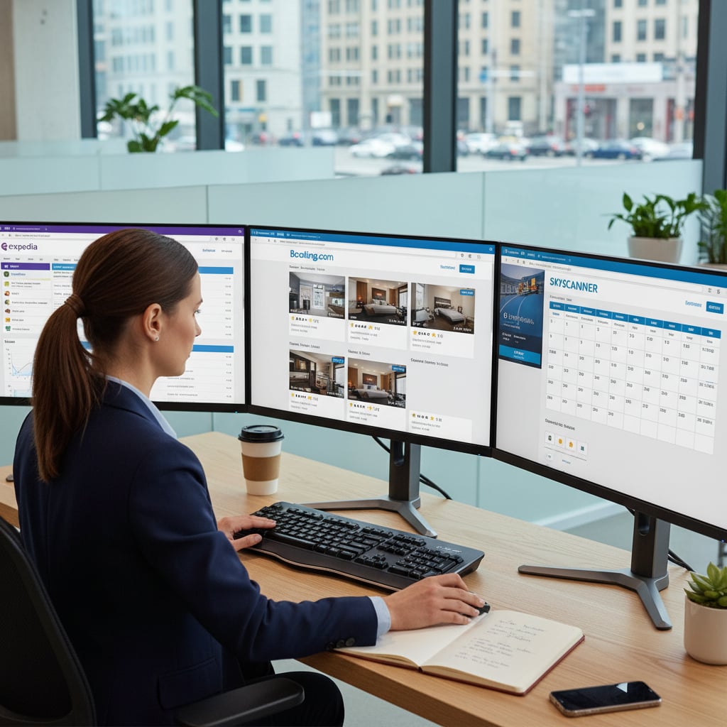 Travel agent comparing different B2B booking platforms and portal options on multiple screens