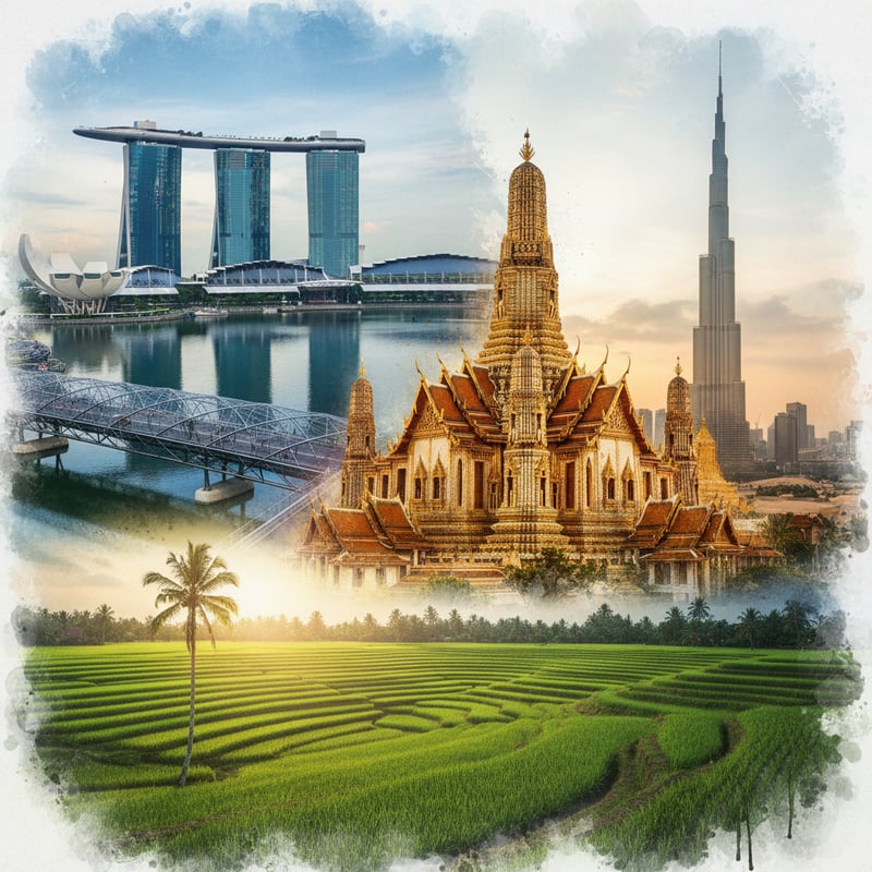 Asian travel destinations montage - Singapore, Bangkok, Bali, Dubai