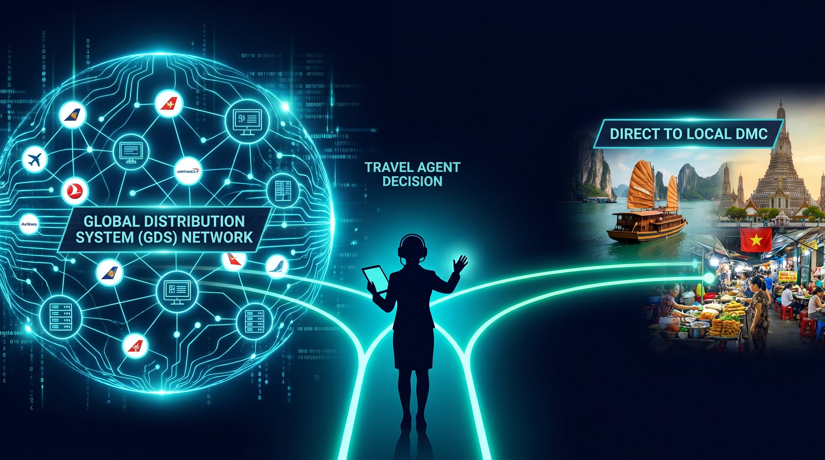 Travel agent choosing between GDS distribution network and direct DMC net-rate booking
