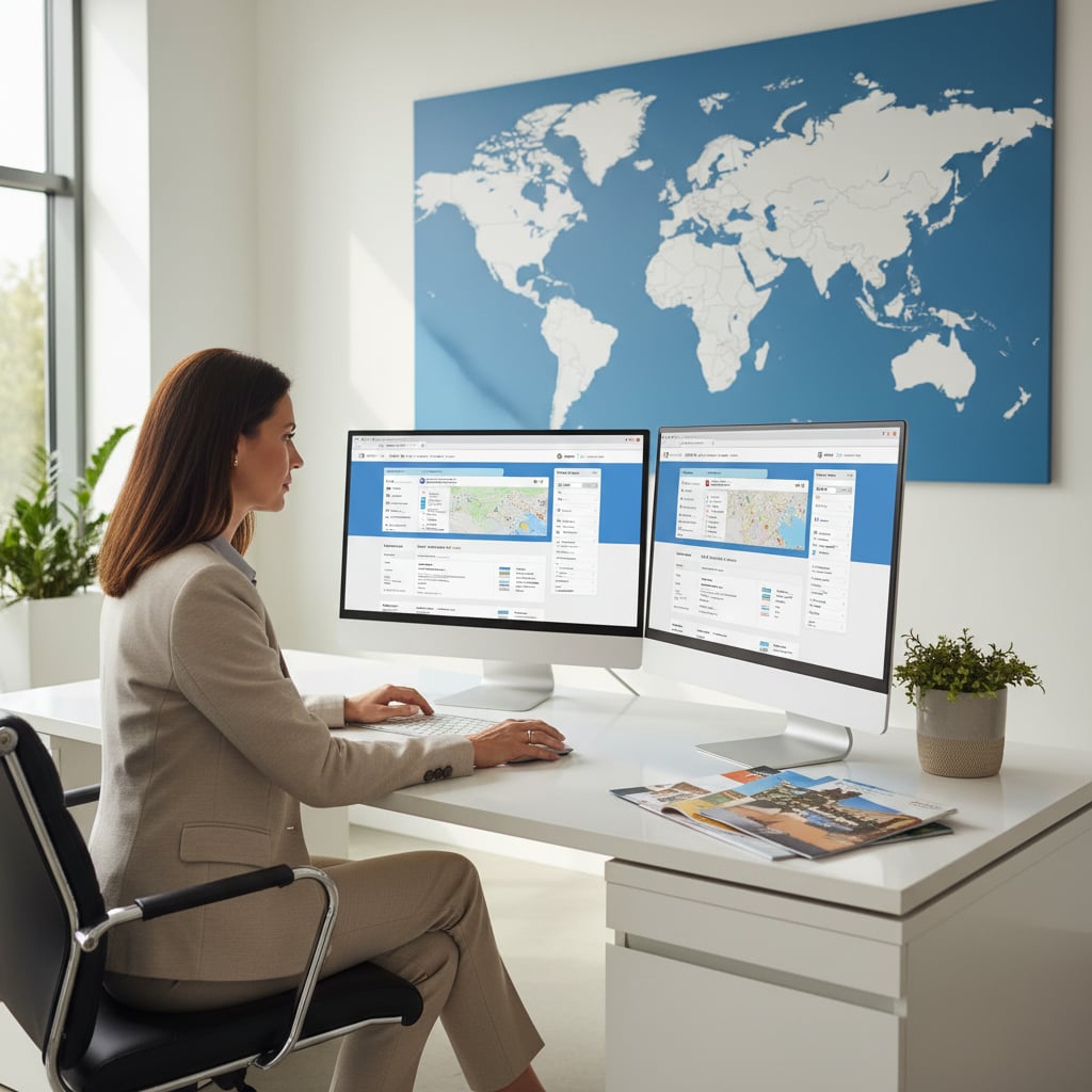 Travel agent comparing tour booking platforms on dual monitors in modern office