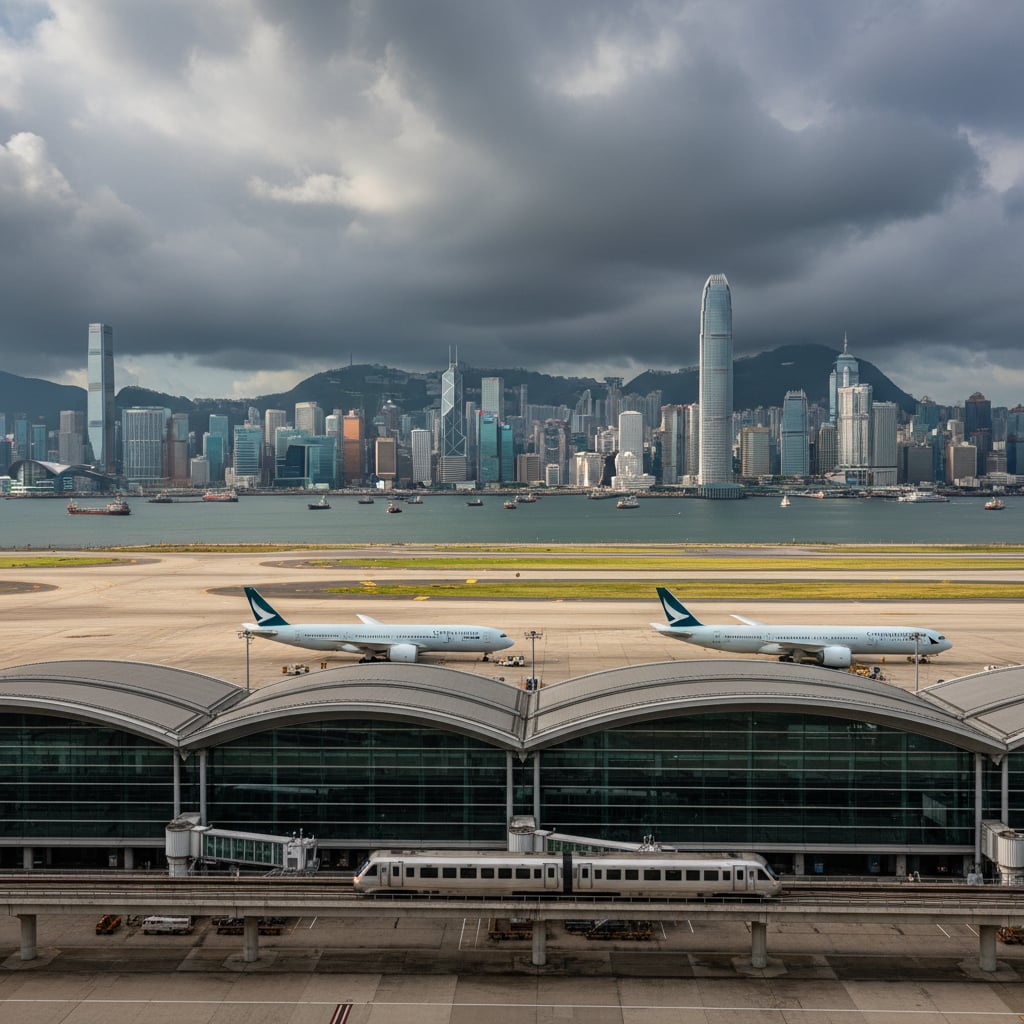 Hong Kong International Airport with skyline across the water