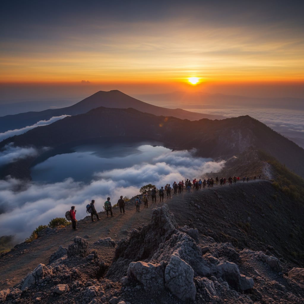 Hikers on Mount Batur summit at sunrise with volcanic crater and lake below