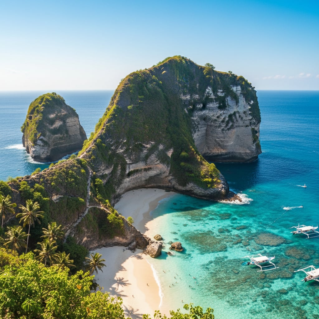 Crystal clear turquoise waters of Kelingking Beach Nusa Penida with dramatic cliff