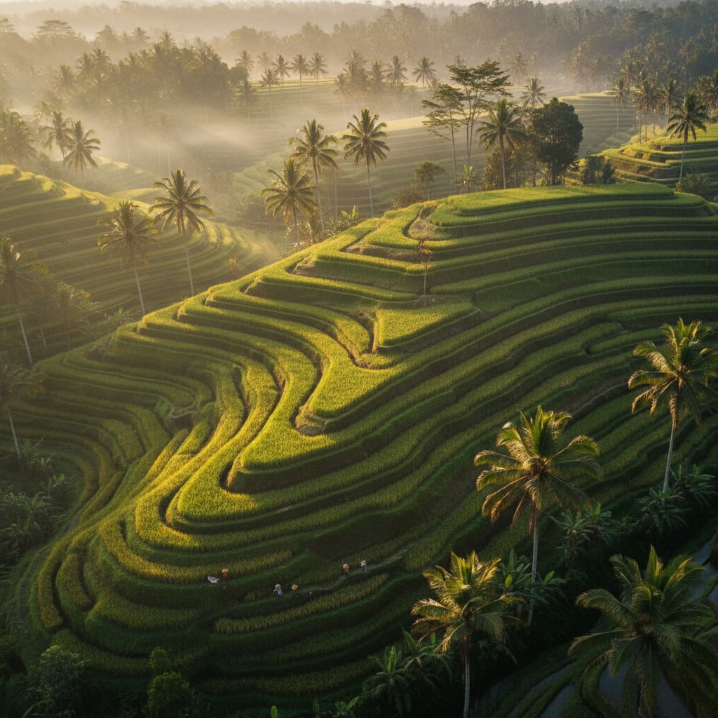 Stunning Bali rice terraces at Tegallalang with palm trees and morning mist
