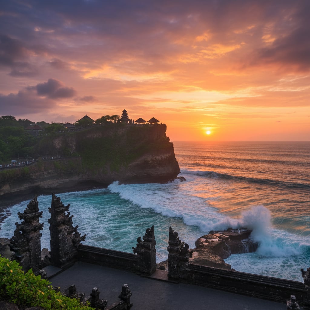 Uluwatu Temple perched on cliff at sunset with ocean backdrop