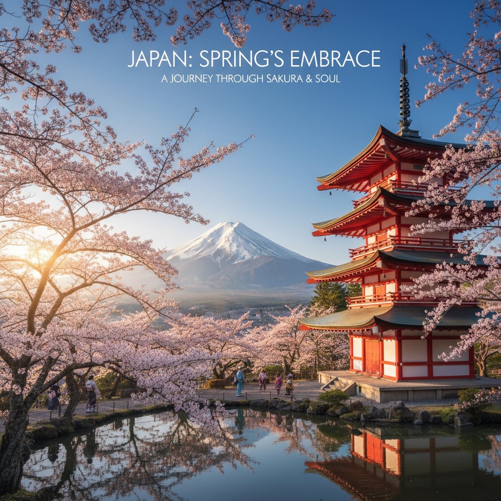 Japan cherry blossoms with traditional pagoda and Mount Fuji in spring