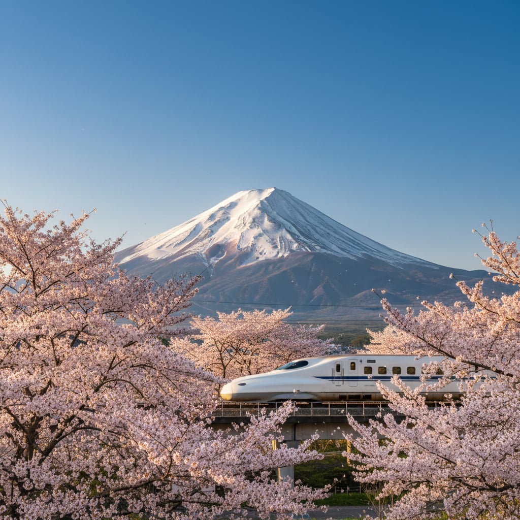 Mount Fuji with cherry blossoms and bullet train - iconic Japan travel scene