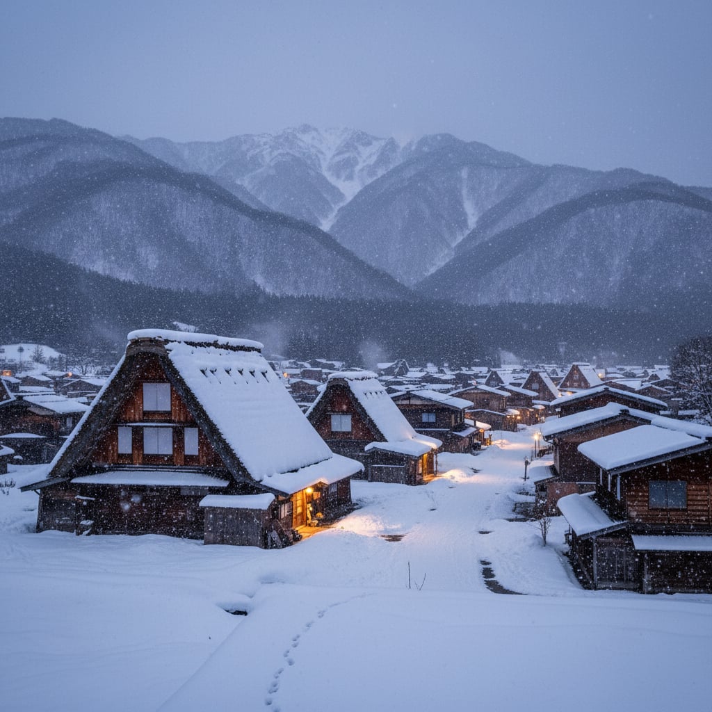 Japan winter snow village skiing onsen