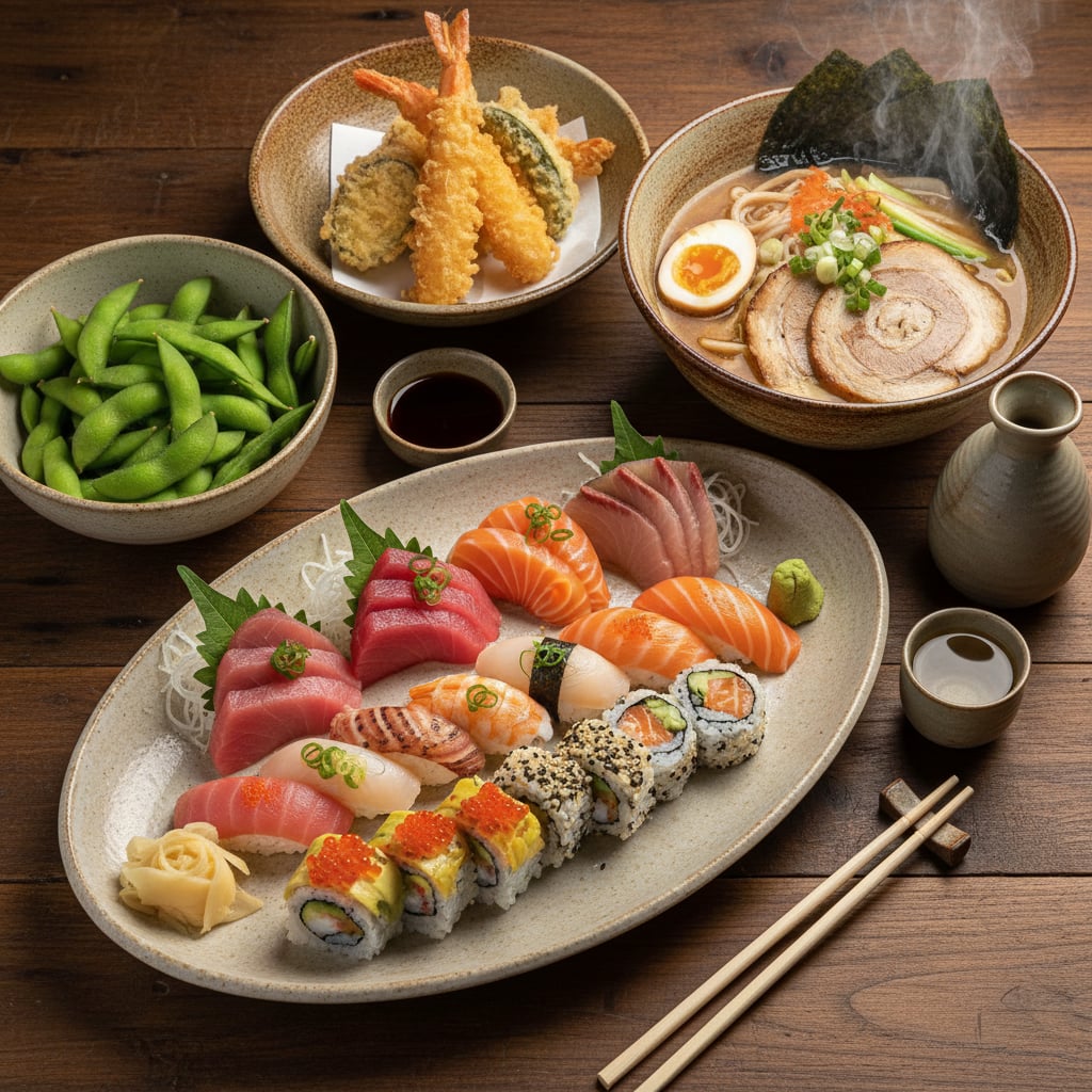 Japanese cuisine spread featuring sushi, ramen, tempura and traditional dishes
