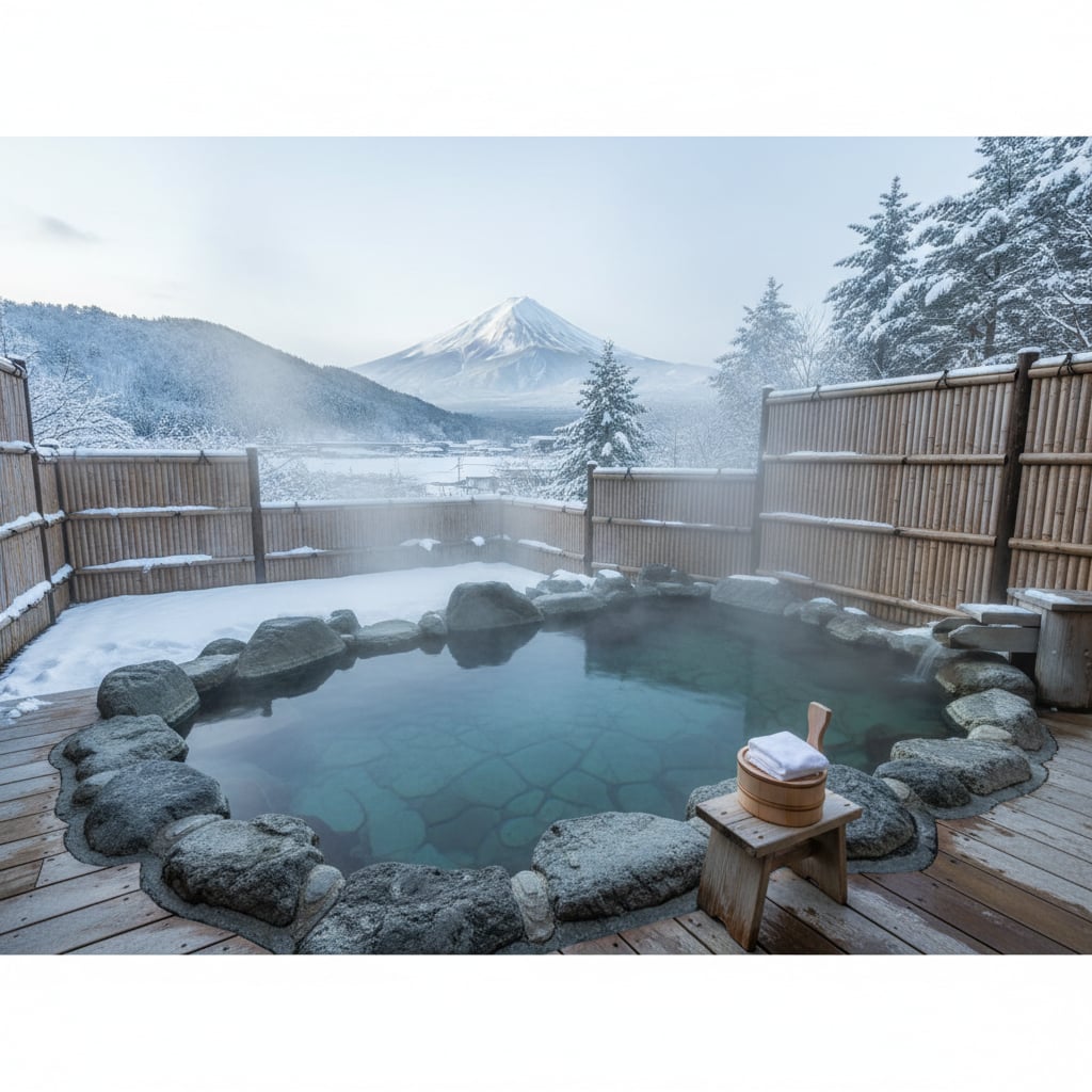Traditional Japanese onsen hot spring with mountain views