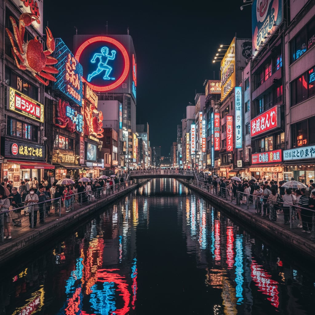Osaka Dotonbori entertainment district with bright neon signs at night