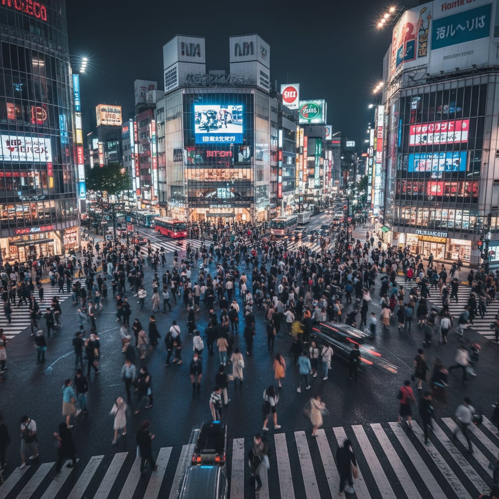 Tokyo Shibuya Crossing at night with neon lights