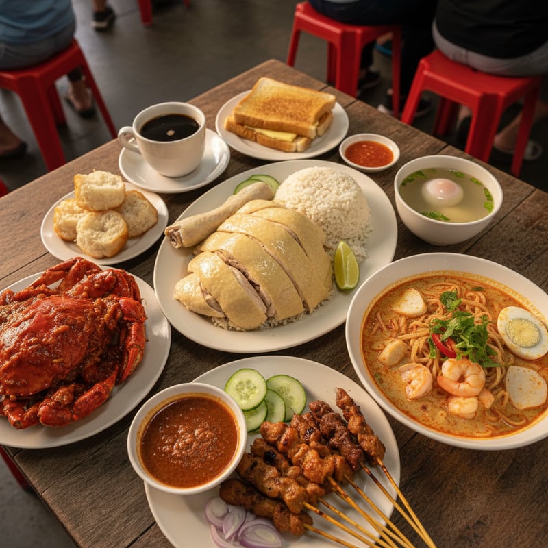 Singapore hawker food spread including chicken rice, laksa, chili crab, and satay